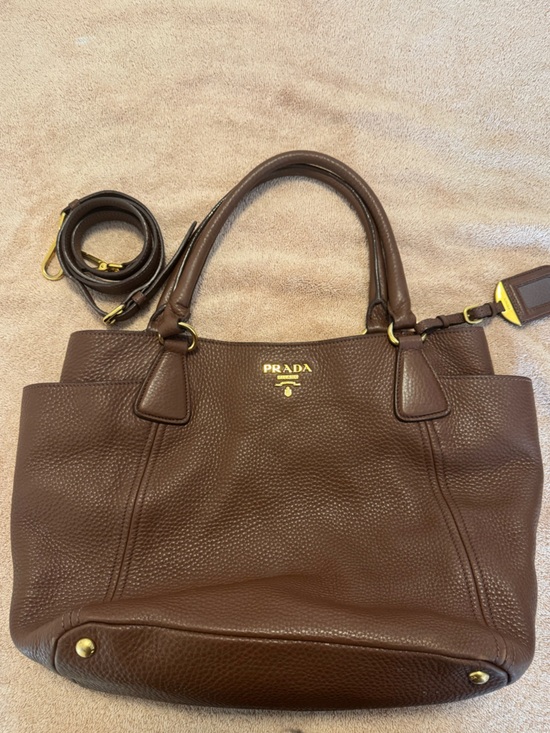 Prada Handbags - Prada Dark Brown Pebbled Leather Tote with Gold Hardware